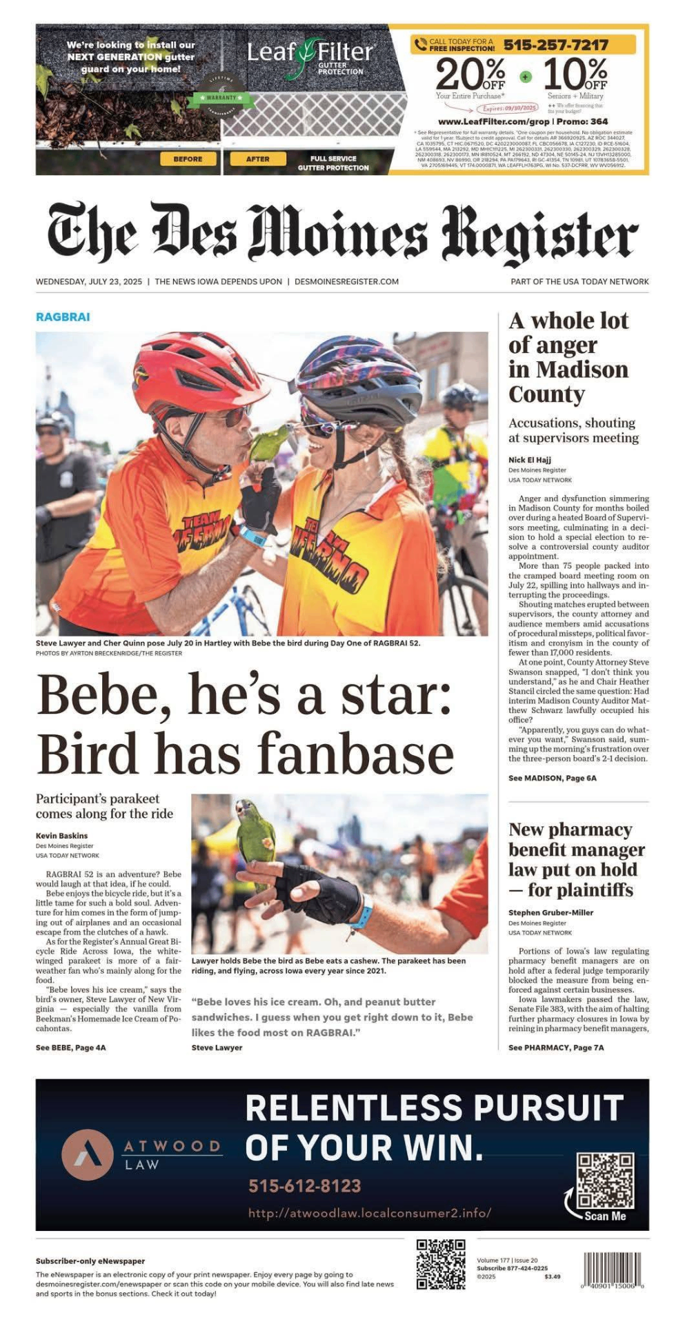 Des Moines Register front page featuring Bebe the parrot at RAGBRAI 52